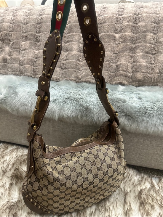 Gucci Handbags - GUCCI Tan/Brown GG Canvas Shoulder Bag W/Studded Red & green Leather Strap